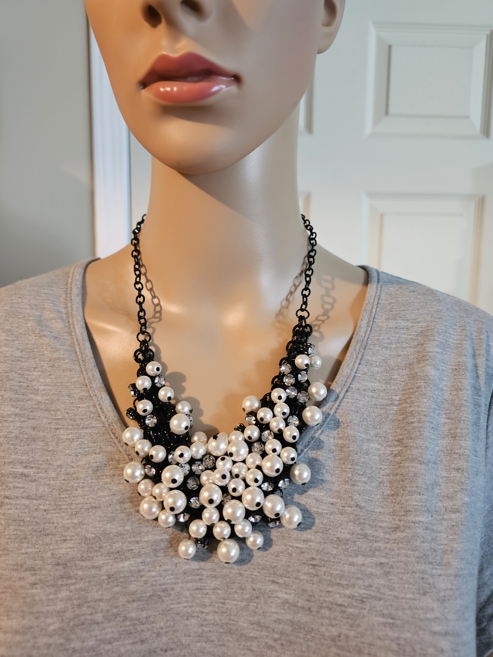 Elegant Clustered Pearl Necklace with Black Chain